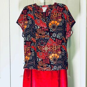 Nicole Miller Plus Size Split Neck Satin Top in Patchwork (1X) New With Tags